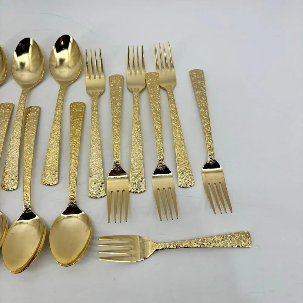 Vtg Hollywood Regency Dinner Spoons Fork Gold Stainless Steel 25 Pieces Japan